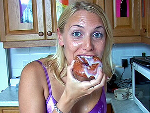 Sandie draws cum then eats it off a donut