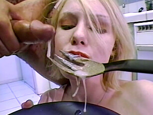 Black chef feeds a pale blonde his cum