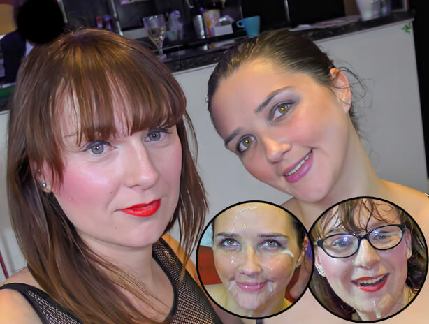 Soaking the faces of Cherri and Pixie with cum