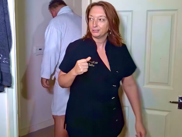Female friend joins in with massaging and servicing Kims husband