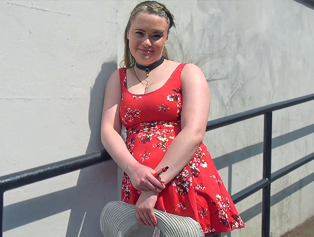 Posh amateur babe shows flashes her ample size tits in a busy wooded area